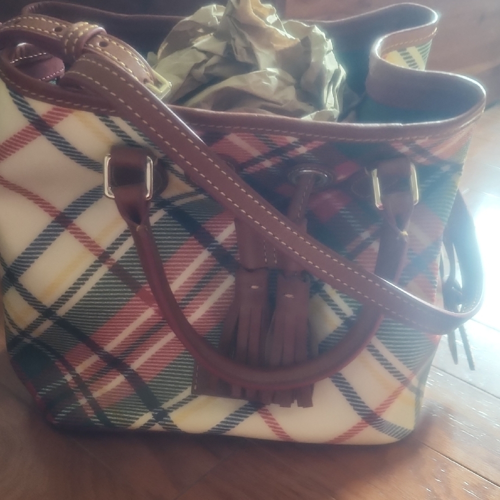 Dooney And Burke Plaid Leather Trim Bucket Bag